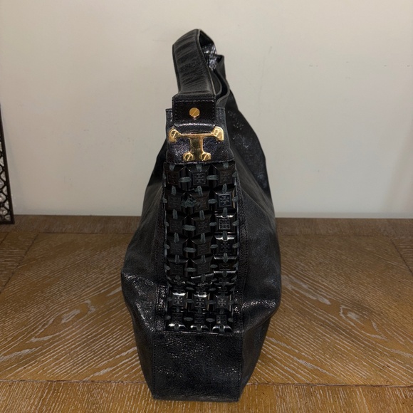 Tory Burch Large Black Glazed Leather Hobo Shoulder Handbag - Picture 1 of 9